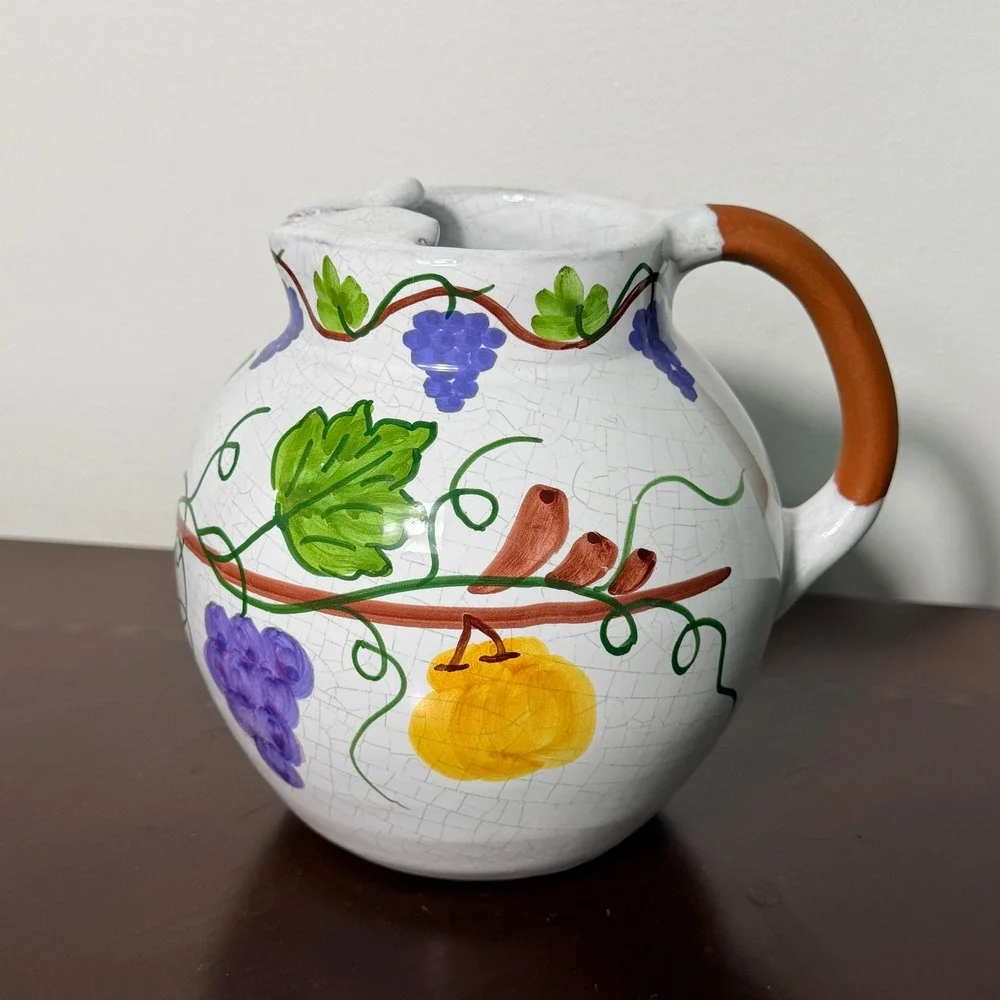Vintage Portugal Hand Painted Ceramic Pitcher Grape Vine Crackle Glaze Vase